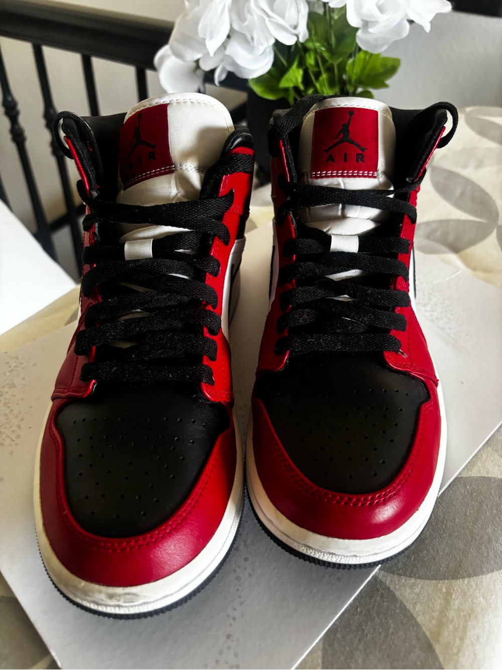 Nike Red Black White Air Jordan 1 Mid Sneakers